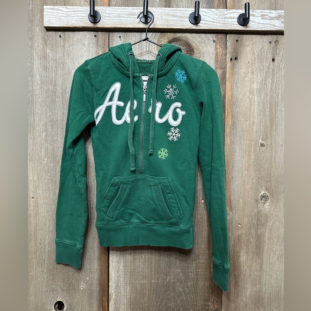 Aeropostale Logo Half Zip Kangaroo Pocket Hoodie in Green Size XS Juniors